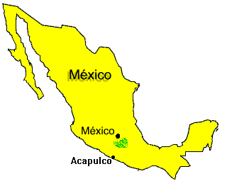 Kaart van Mexico. Direct onder Mexico Stad ligt de provincie Morelos (groen gearceerd) met de hoofdplaats Cuernavaca en in de nabije heuvels het dorp Cuentepec.